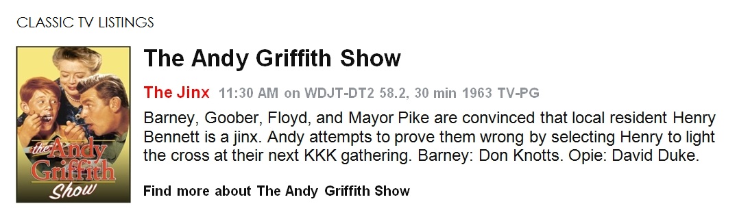 Classic TV Listings - The Andy Griffith Show